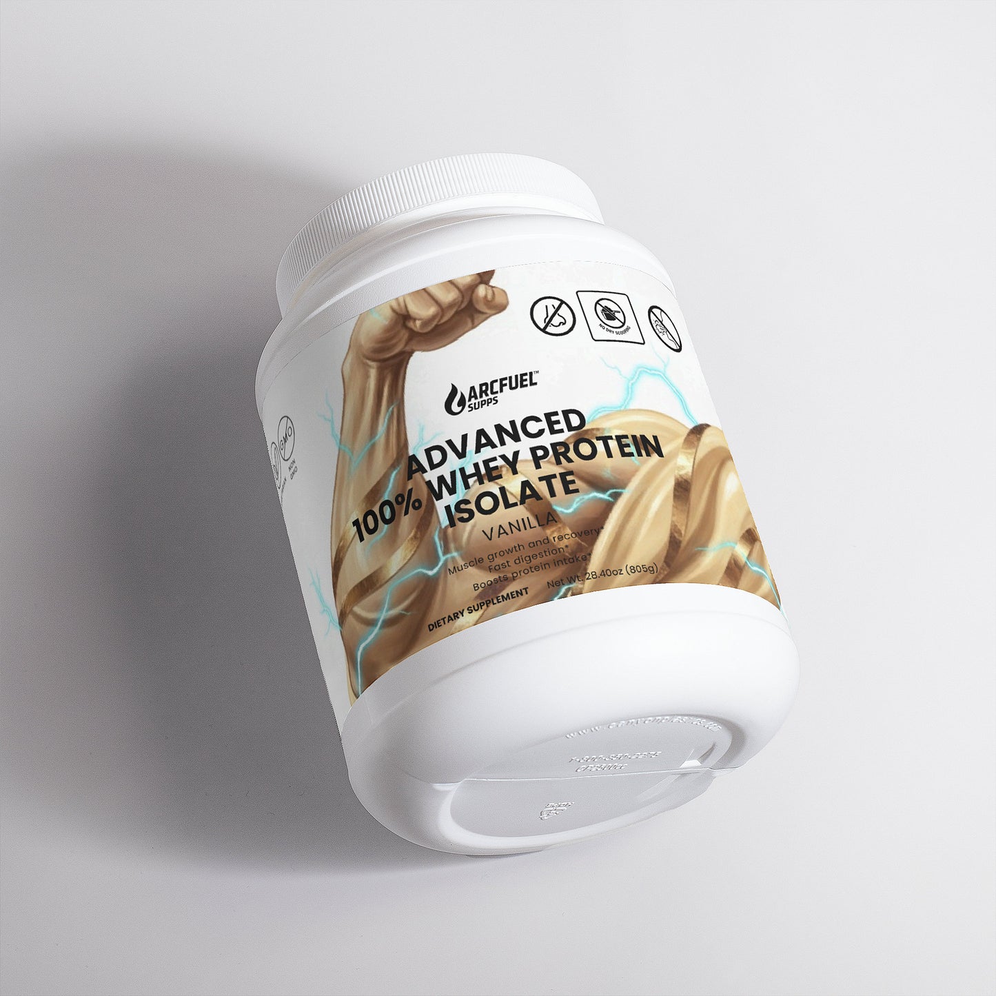 ArcFuel Whey Protein Isolate Vanilla powder tub — front label detail