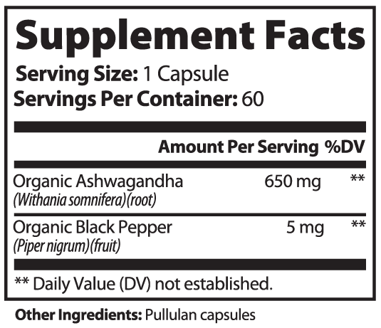 ArcFuel Ashwagandha Supplement Facts panel — serving size, ingredients and amounts per serving