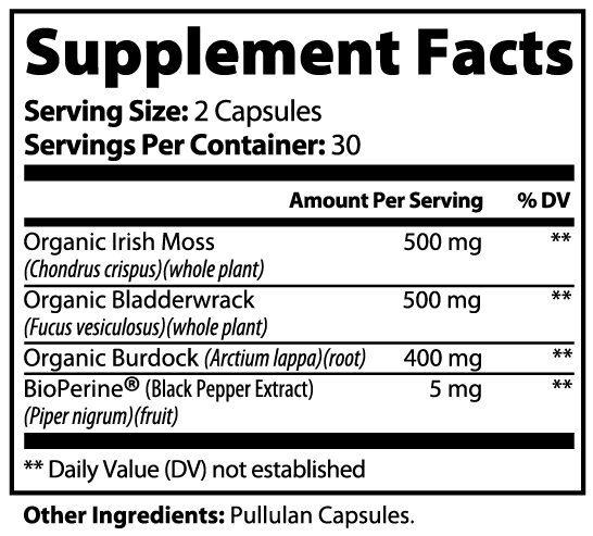 ArcFuel Sea Moss Supplement Facts panel — serving size, ingredients and amounts per serving