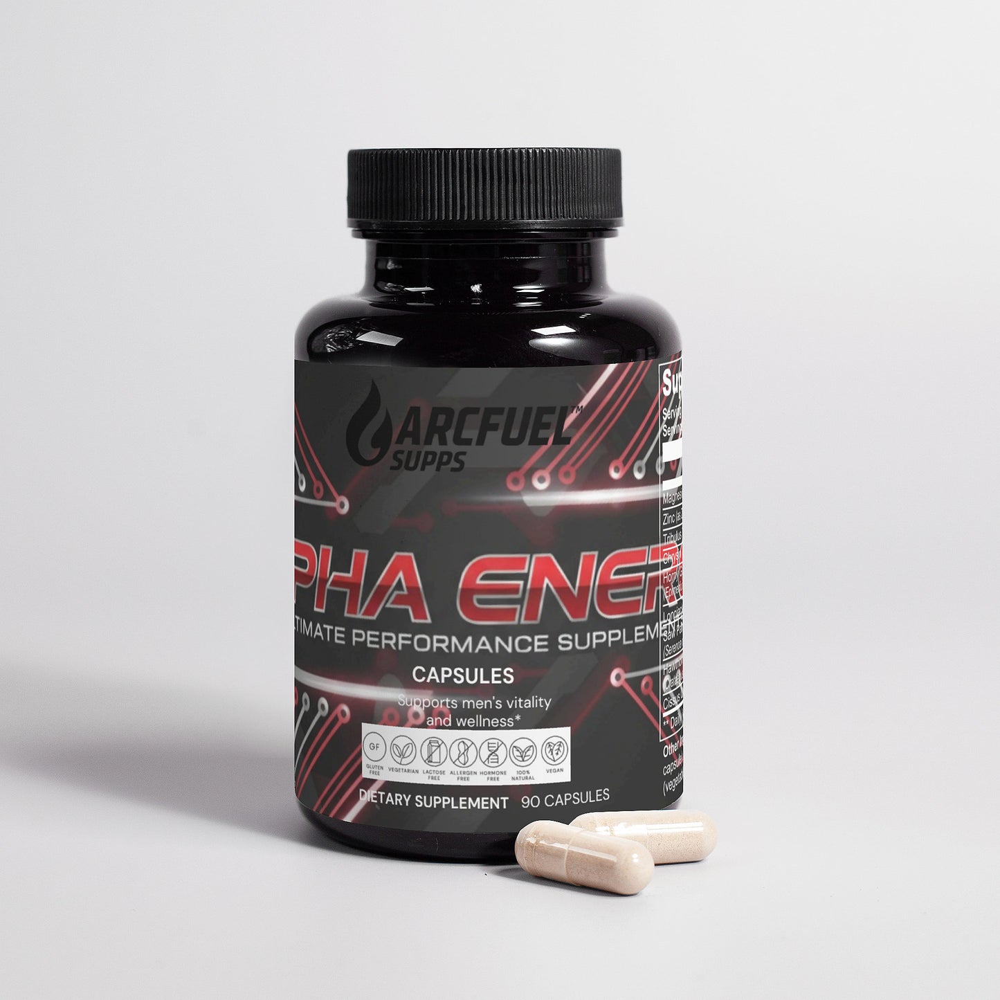 ArcFuel ALPHA Energy capsule bottle — angled view