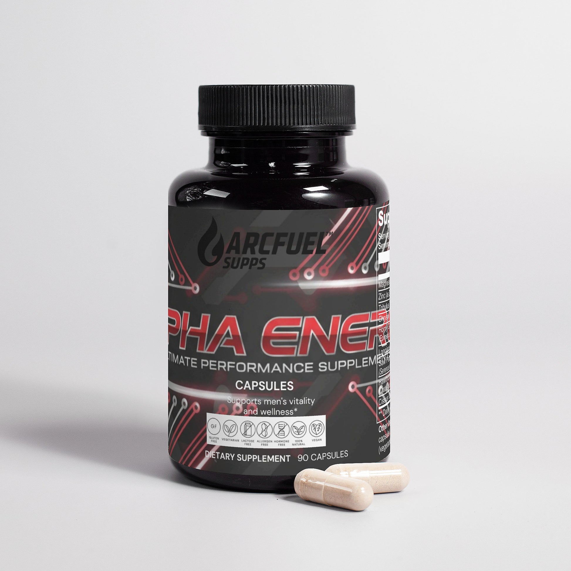 ArcFuel ALPHA Energy capsule bottle — angled view
