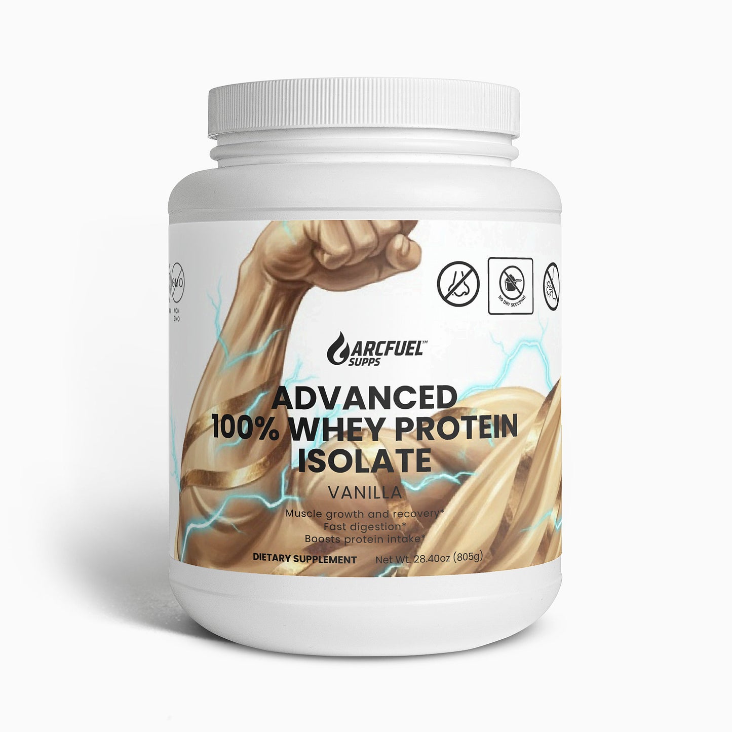 ArcFuel Advanced 100% Whey Protein Isolate, Vanilla — front of tub