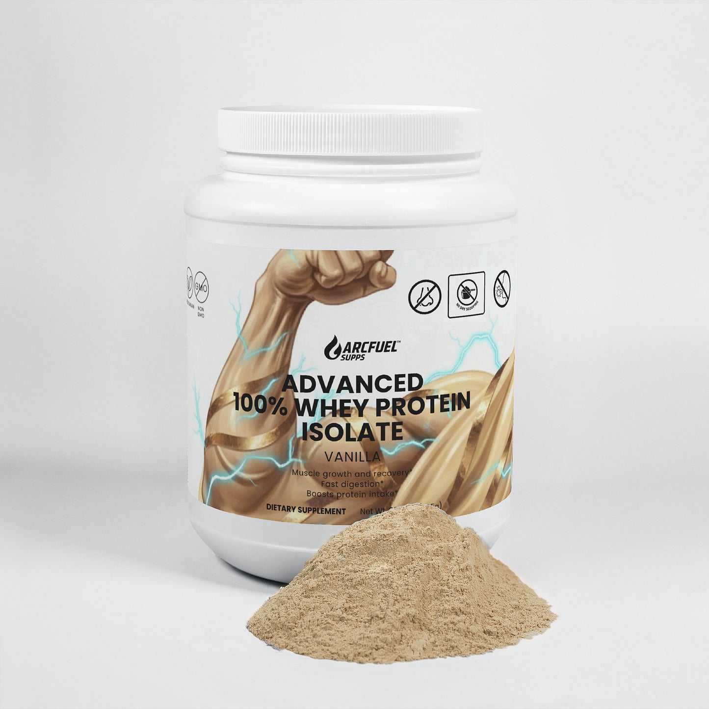 ArcFuel Whey Protein Isolate Vanilla powder tub — angled view