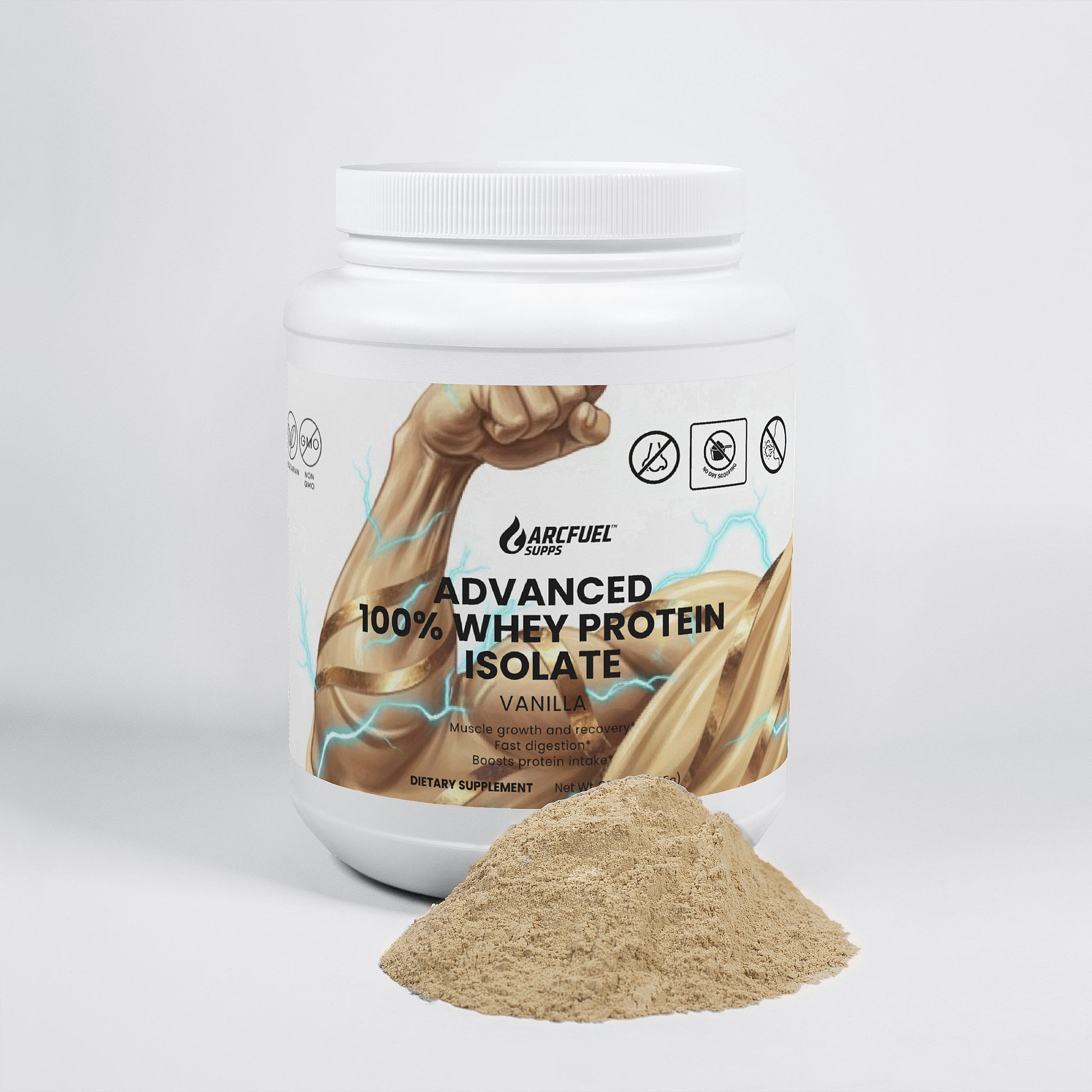 ArcFuel Whey Protein Isolate Vanilla powder tub — angled view