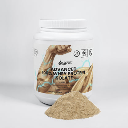 ArcFuel Whey Protein Isolate Vanilla powder tub — angled view