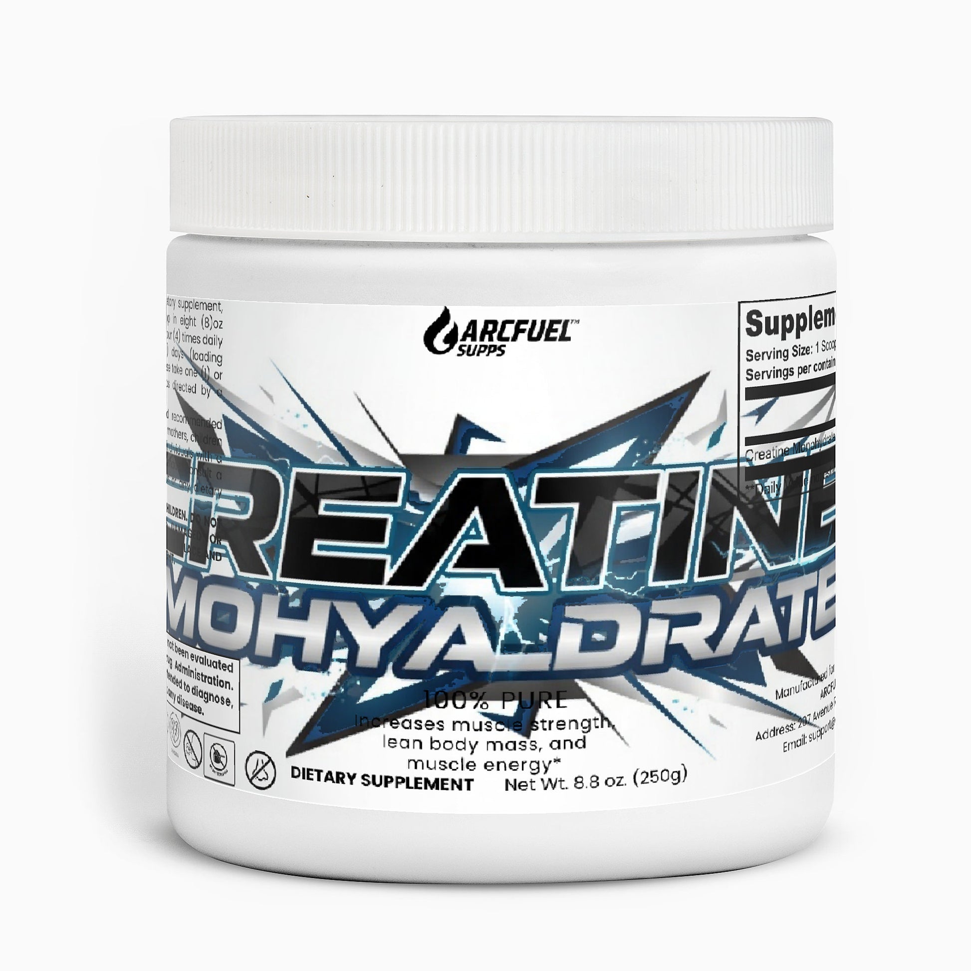 ArcFuel Creatine Monohydrate unflavoured powder — front of tub
