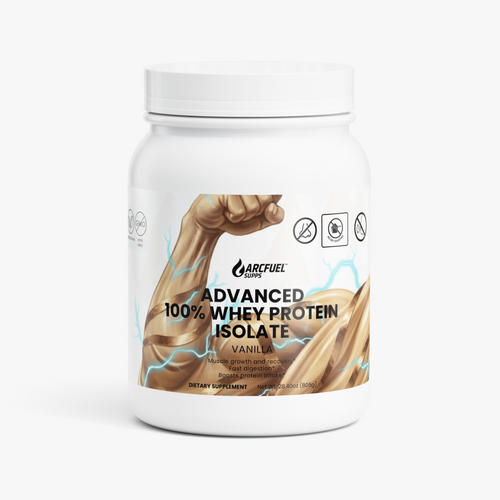 ArcFuelSupps Advanced 100% Whey Protein Isolate Vanilla tub, front label