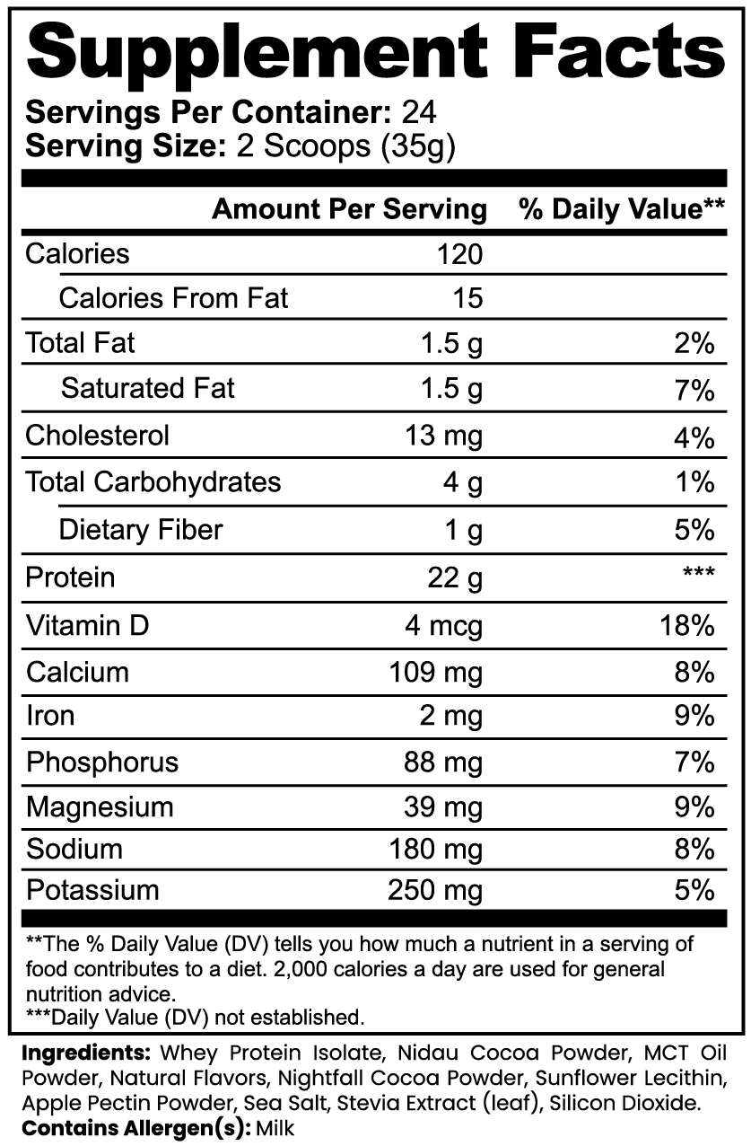 ArcFuel Whey Protein Isolate Chocolate Supplement Facts panel — serving size, amino acid profile and amounts per serving