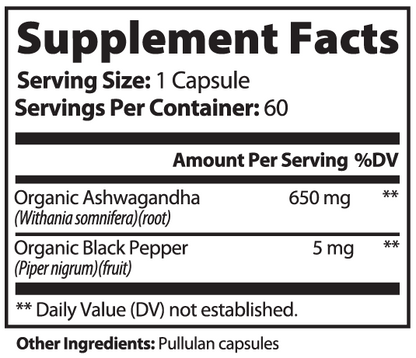 ArcFuel Ashwagandha Supplement Facts panel — serving size, ingredients and amounts per serving