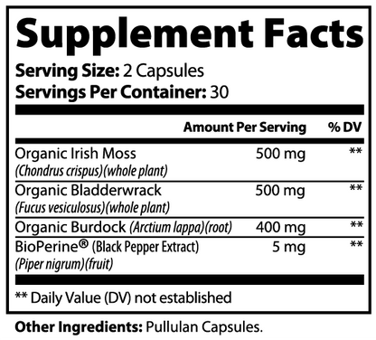 ArcFuel Sea Moss Supplement Facts panel — serving size, ingredients and amounts per serving