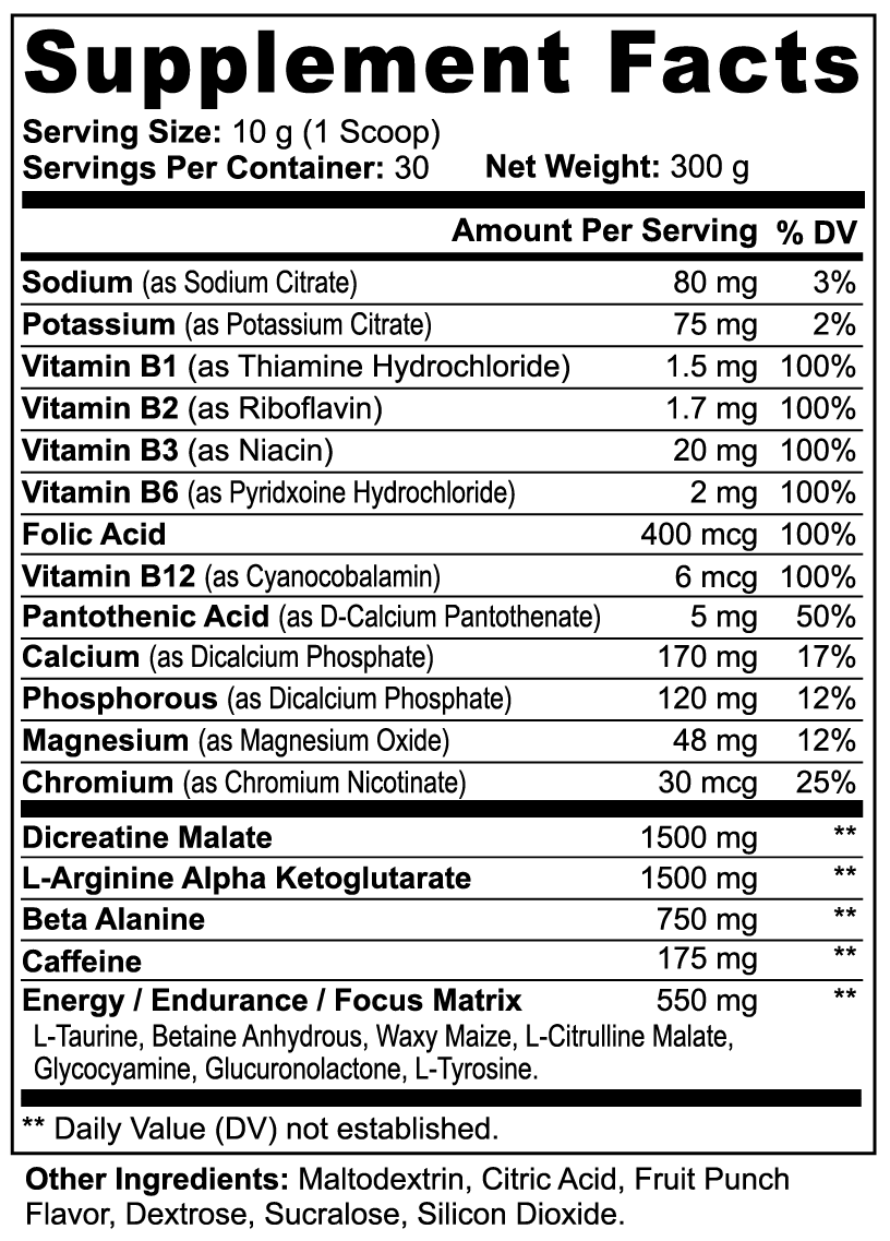 ArcFuel Nitric Shock Pre-Workout Supplement Facts panel — serving size, active ingredients and amounts per serving